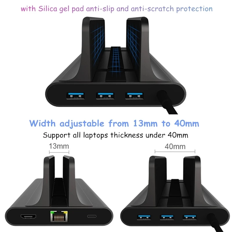 

Laptop Stand with 3Pcs USB3.0 Port + Multifunction Vertical Laptop Docking Station Function Width Adjustable Aluminum Holder