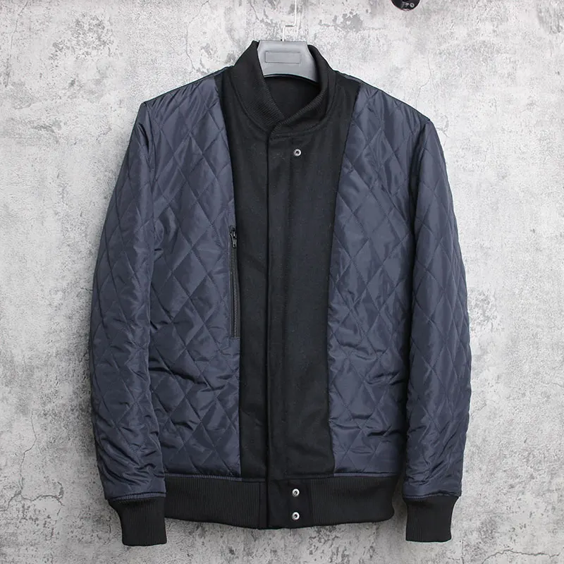 

Men 100% Genuine Leather Jacket Woolen Patchwork Loose Stand Collar Jacket Street Zip Black Bomber Outerwear Plus Size 6XL