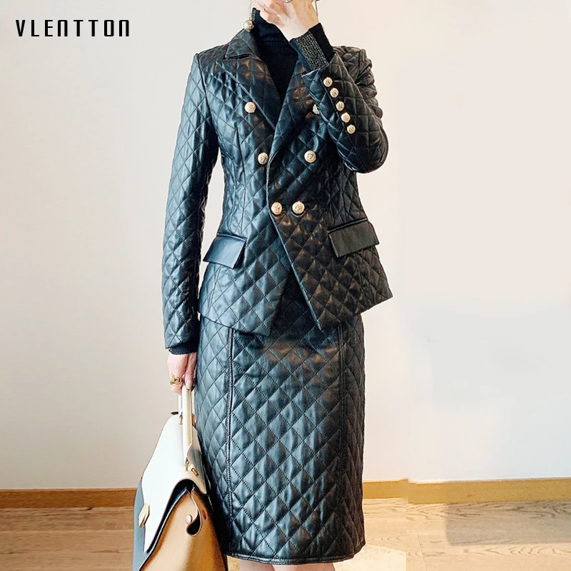 Женский клетчатый блейзер из ПУ кожи на пуговицах|Женские пиджаки| |