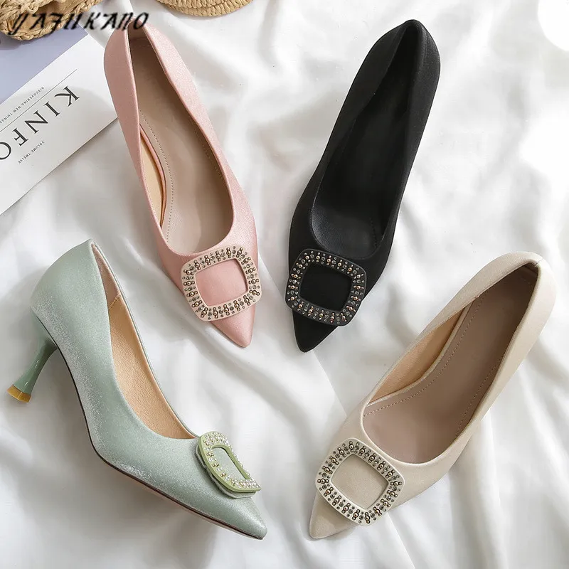 

French Style High Heels Pointed Toe Rhinestone Square Buckle Single Shoes Thin Heels Lady Pumps Elegant Bridesmaid Wedding Shoes