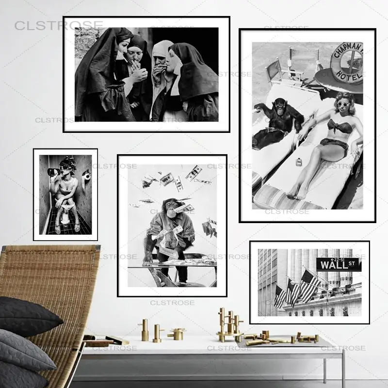 

Monkey Sexy Woman Smoking Nun Retro Poster Nordic Landscape Black and White Canvas Painting Modern Home Decor Bathroom Toilet
