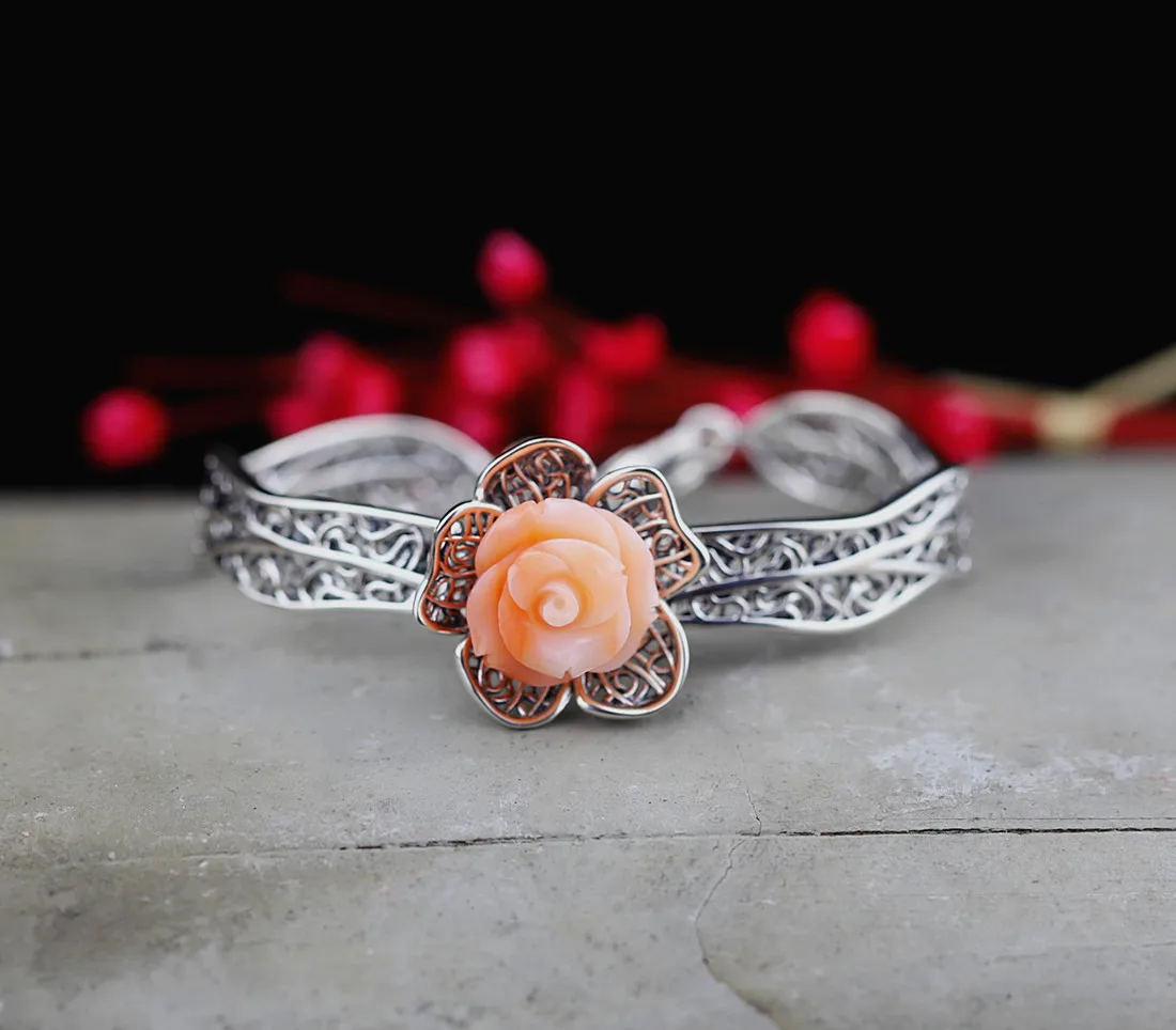 

BOCAI New real S925 silver and silver jewelry women fashion classic carved rose, carved woman bracelet