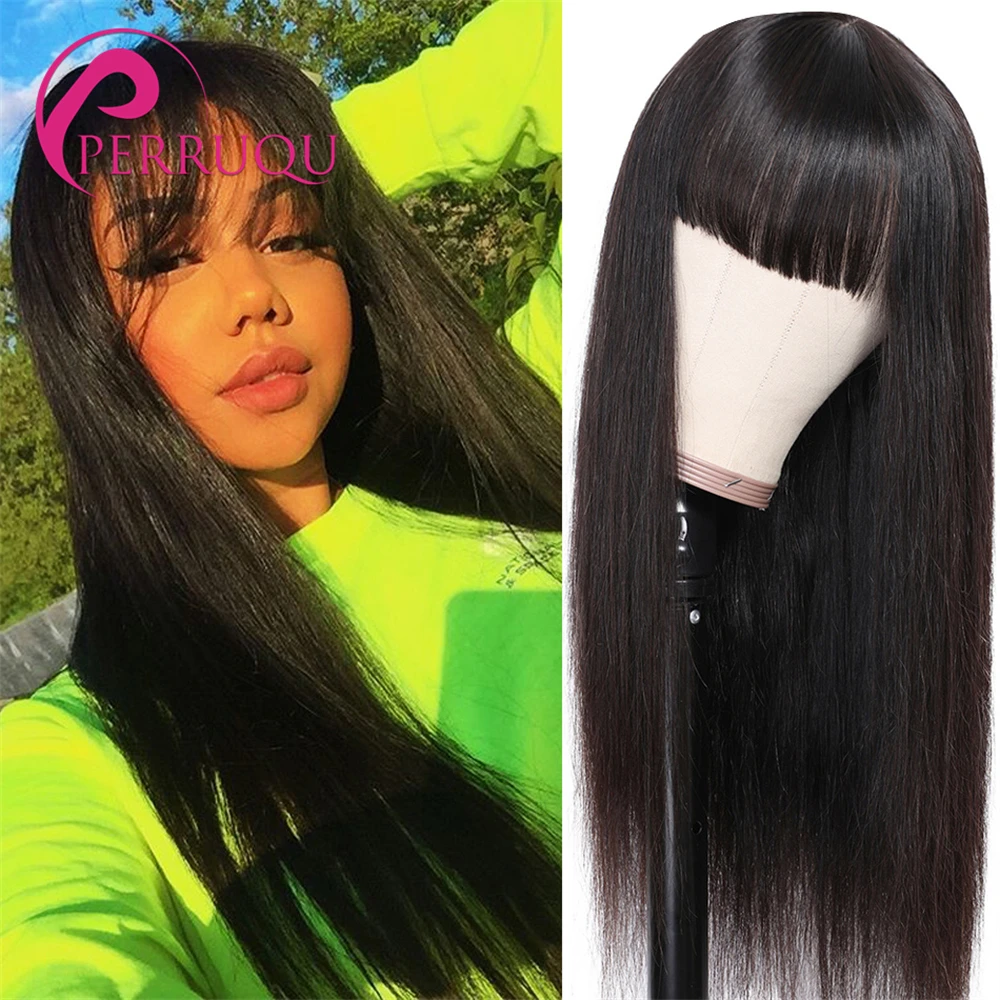 Brazilian Straight Human Hair Wigs With Bangs Remy Full Machine Made Human Hair Wigs For Women 180% 30 40 Inch Black Fringe Wig