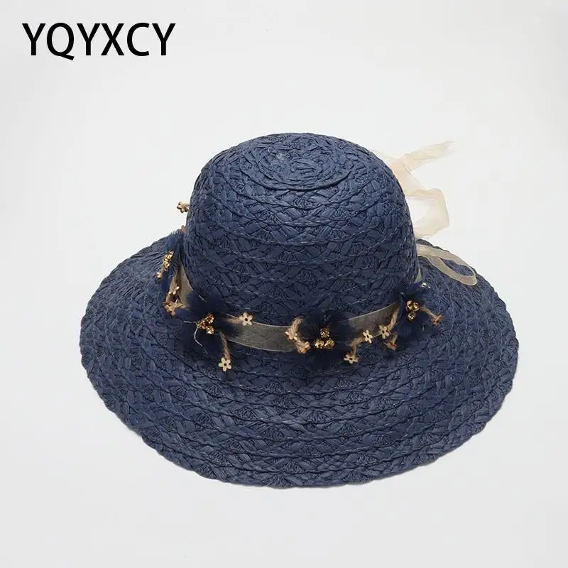 

YQYXCY Summer Hats For Women Flower Ribbon Sun Hat Female Suncreen Sunshade Beach Travel Seaside Sunhat Wide Brim Panama Cap New