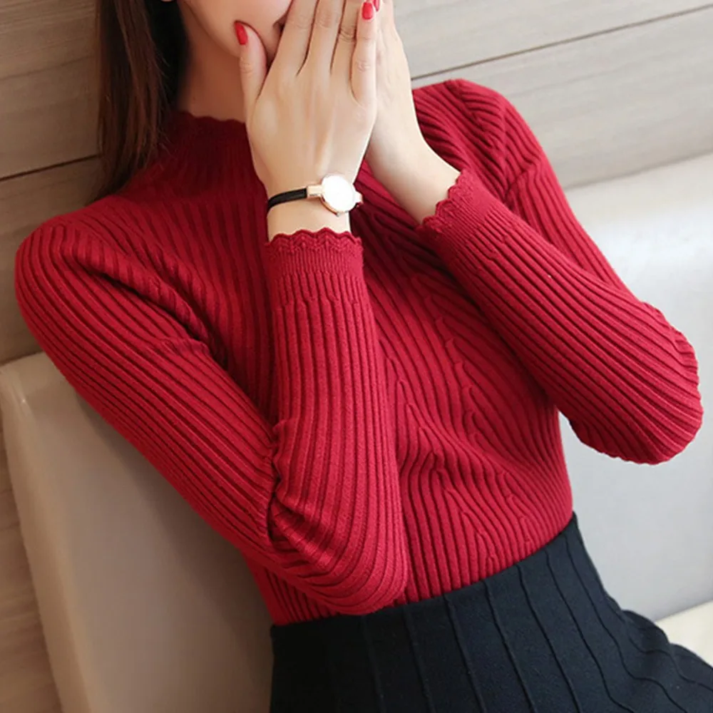 

Half High-Neck Sweater Women's Slim Pullover Stretch Ribbed Long Sleeve Top Autumn Winter Thick Casual Tops Soft Warm Pull Femme