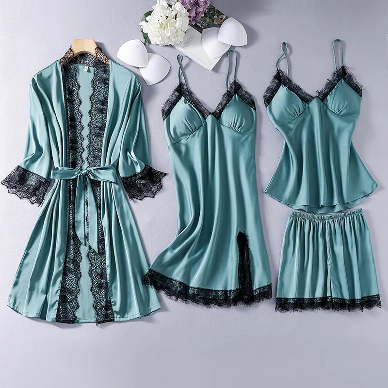 

Атласный кружевной Пижамный костюм в стиле пэчворк, повседневная одежда для сна, домашняя одежда, летняя Новинка, сексуальная женская одежд...