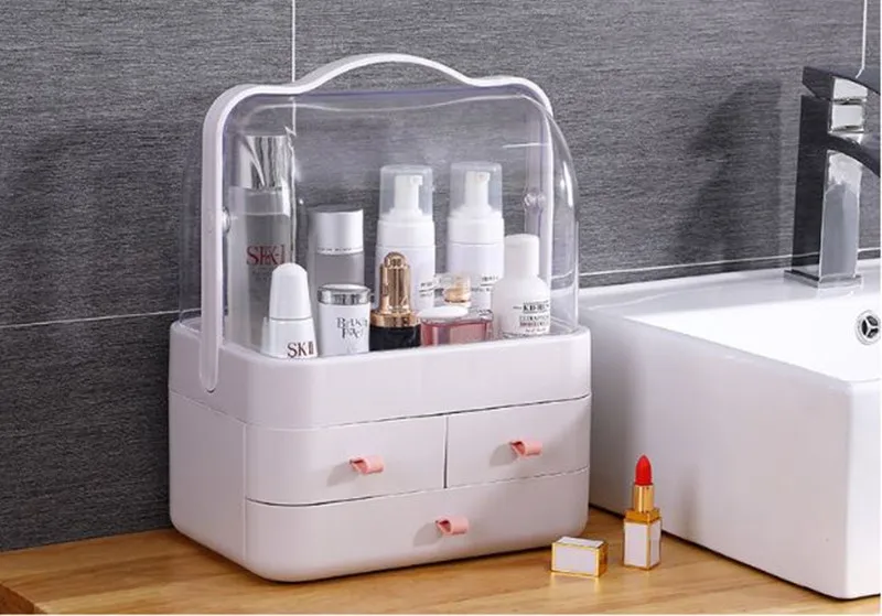 

2020 Cosmetic Storage Box Transparent Portable Makeup Box Large Capacity Desktop Dustproof Lipstick Skin Care Drawer Organizer