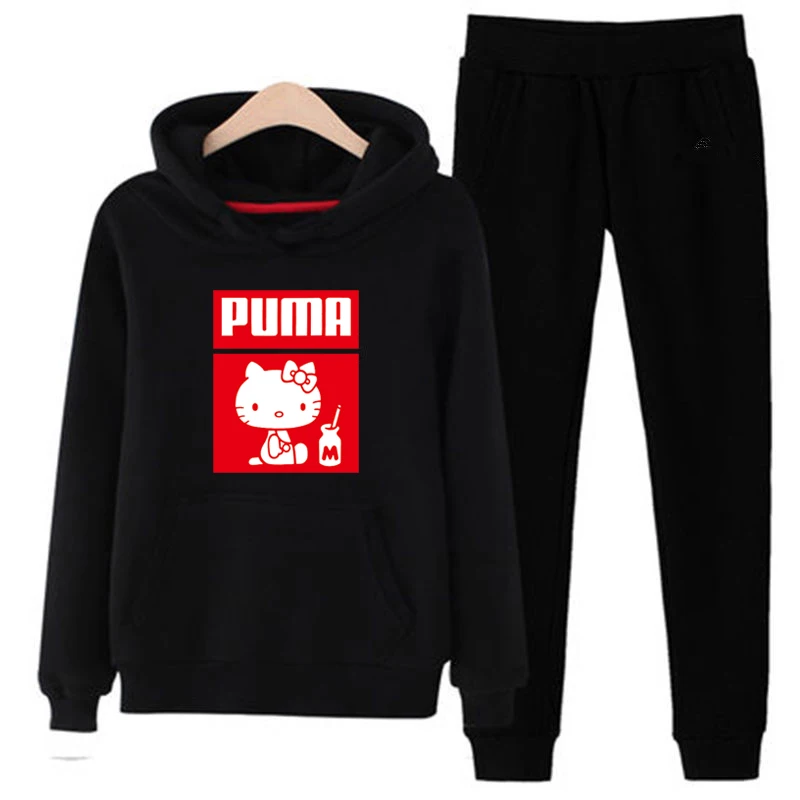 T04 3xl плюс размер милый hello-kittty толстовки брюки комплект одежды повседневный комплект из 2 предметов теплая одежда однотонный спортивный костюм женский комплект Топ Брюки дамский костюм - Цвет: Black