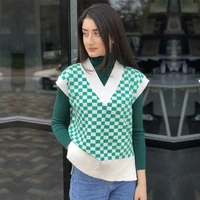 ladies autumn winter plaid sweater women vest pullover casual loose streetwear women sweaters knitted female waistcoat chic tops