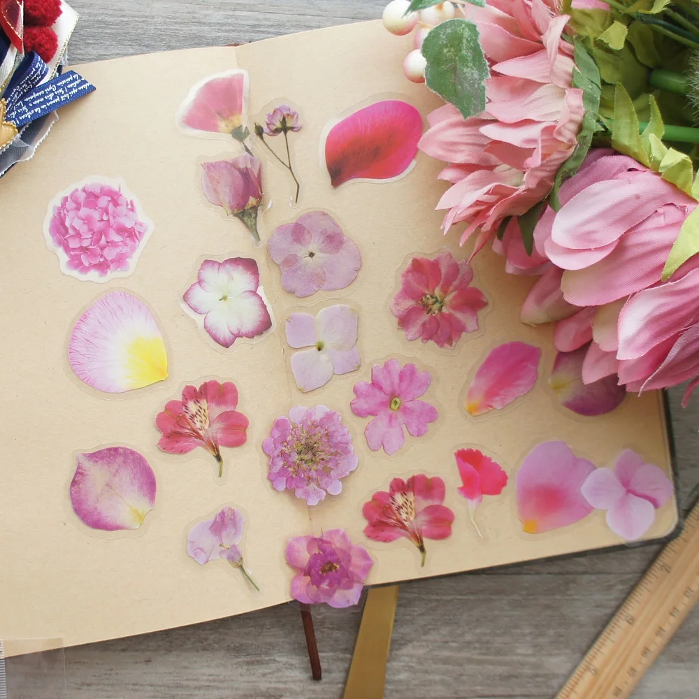 

38pcs Deep Pink Flower Specimen Style Transparent Sticker Scrapbooking DIY Gift Packing Label Gift Decoration Tag
