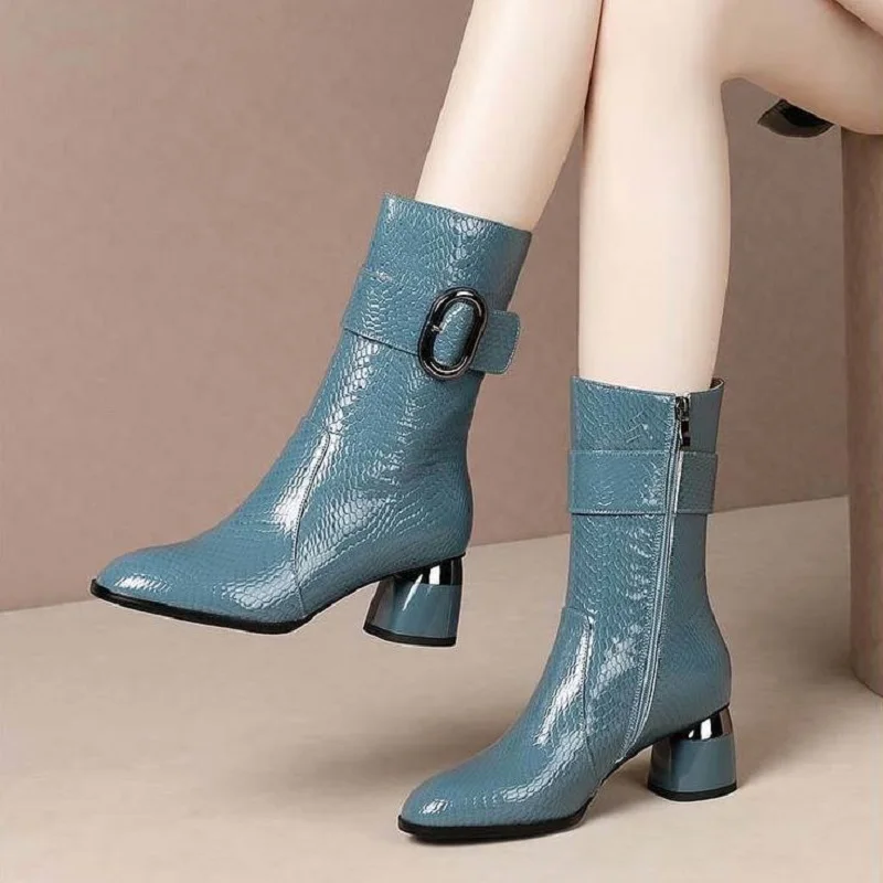 

Fall/Winter Mid Calf Boots Woman 2021 5.5cm Heel Short Boots Women's Winter Shoes Plush Booties Zip Buckle For Female Black Blue