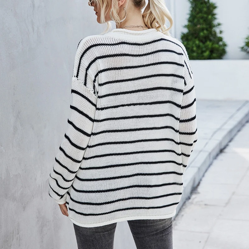 

Women'S Fashion Round Neck Stitching Striped Knitted Pullover Sweater