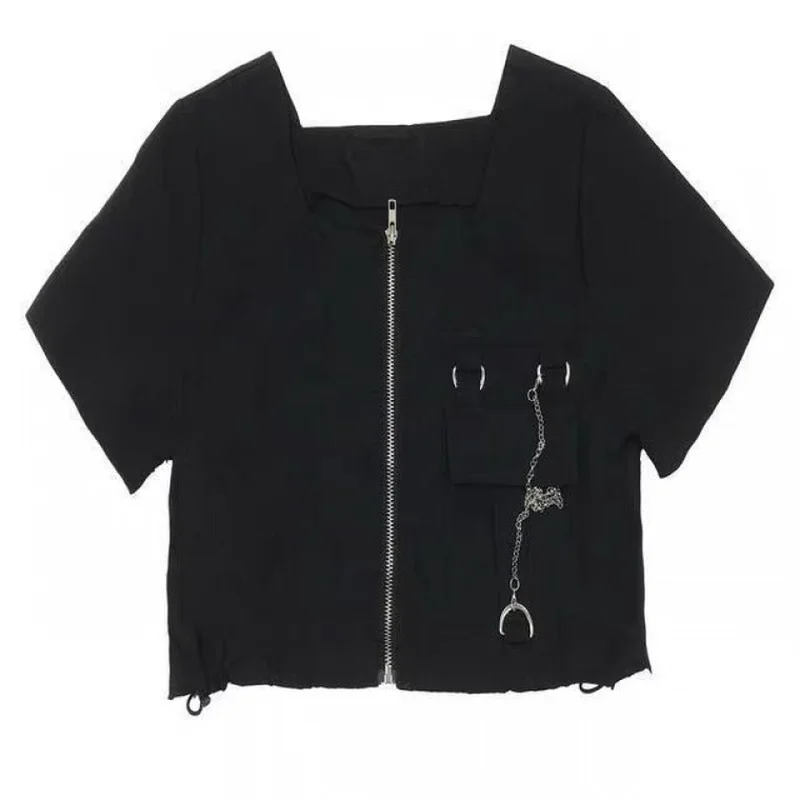

HOUZHOU Black Punk Crop Shirt Women Harajuku Bf Hip Hop Short Sleeve Plus Size Chain Blouse Girls Summer Fashion Dropshipping