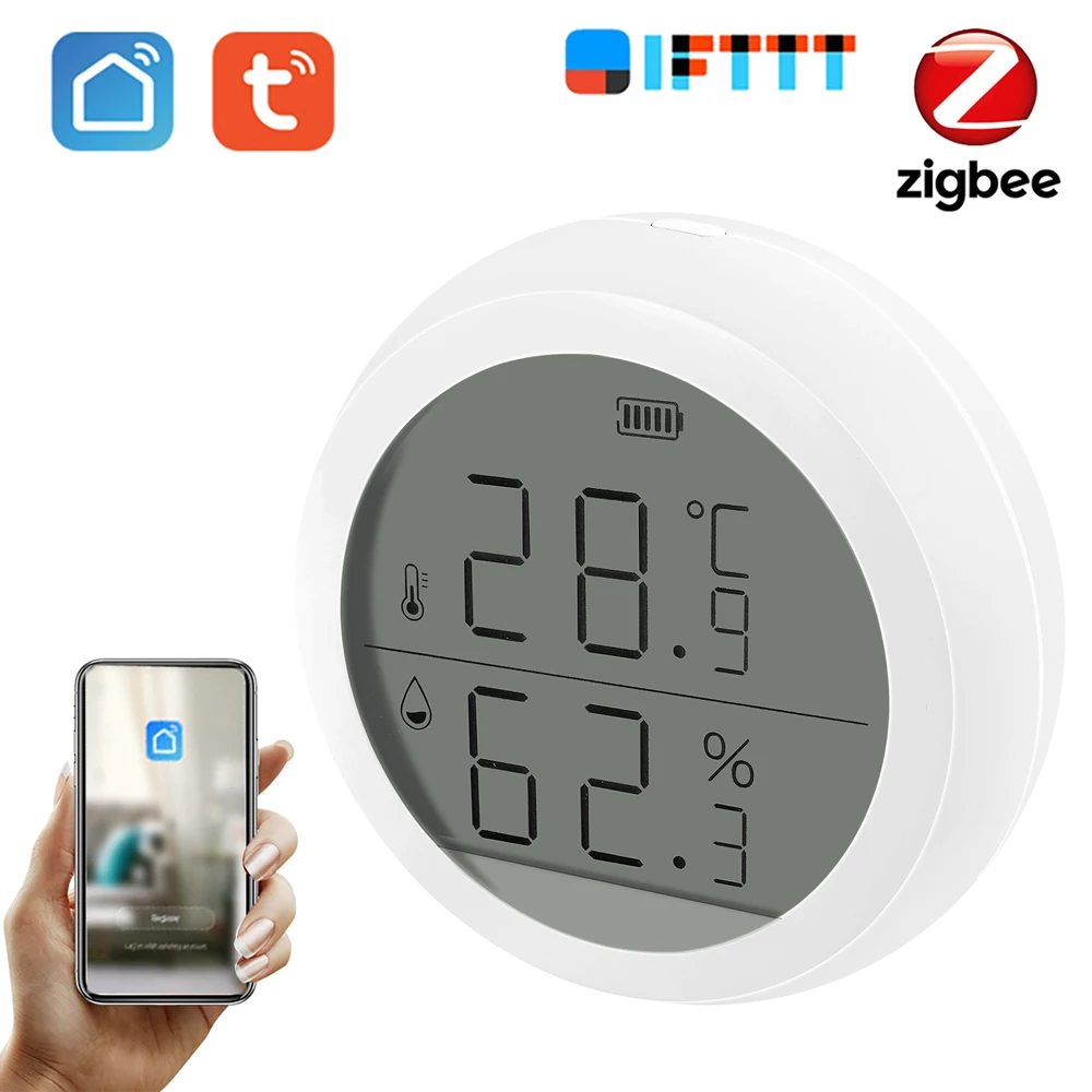 

Датчик температуры и влажности Tuya ZigBee для умного дома, комнатный гигрометр-термометр со светодиодный ным экраном, работает с помощником по ...