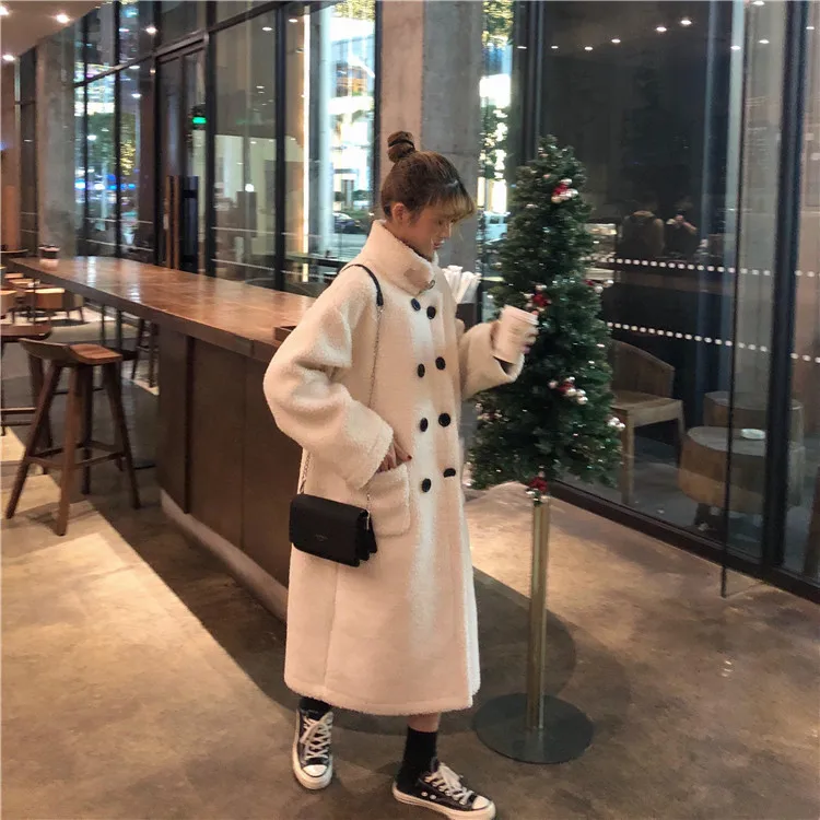 

Korean style stand-up collar lamb wool thick warm double-breasted mid-length plush coat jacket teddy coat