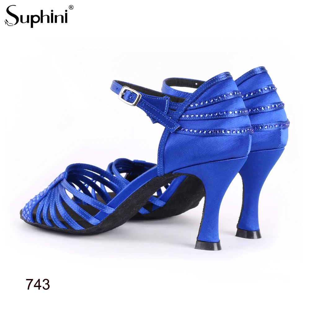 

High Quality Handmade Luxury Blue Suphini Salsa Shoes Flare Heel Satin Suphini Online Latin Dance Shoes