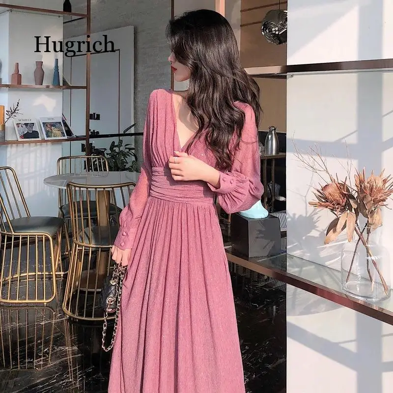 

Solid Elegant Women Autumn Sequin Party Midi Female Casual Chiffon Slim Korean 2021 Dress