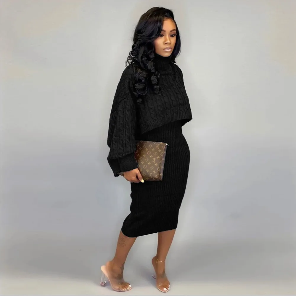 Autumn Winter Knitted Sweater Two Piece Set Turtleneck Long Sleeve Loose Crop Top+ Bandage Midi Tank Dress Plus Size Tracksuit