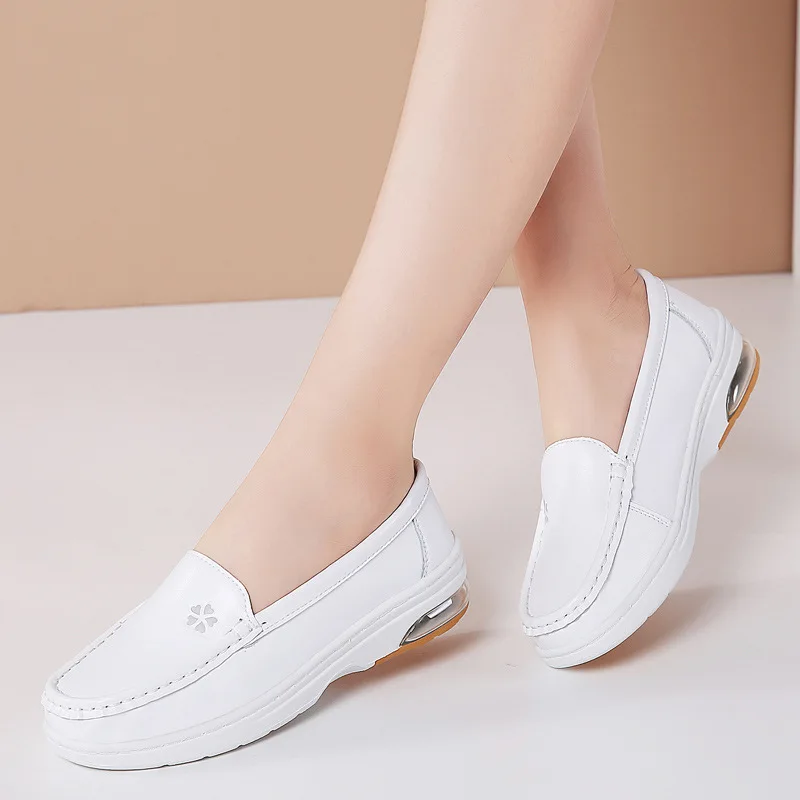 Genuine Leather Shoes Women Platform Loafers Chunky Woman Sneakers Sale Comfort Nurse White Platform Flats Ladies Running Shoes
