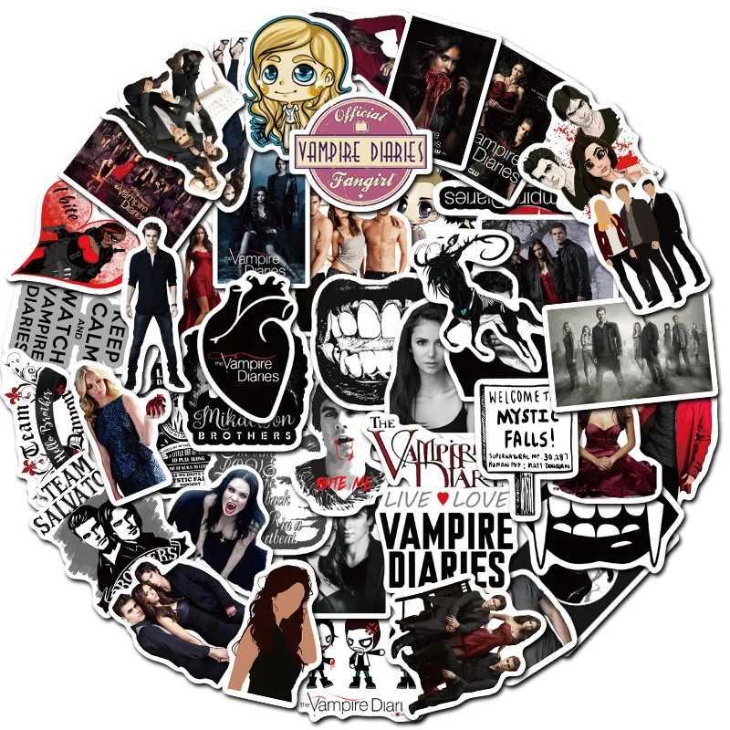 50pcs american tv series the vampire diaries stickers for diy toy luggage laptop skateboard scrapbook mobile decals sticker f5 free global shipping