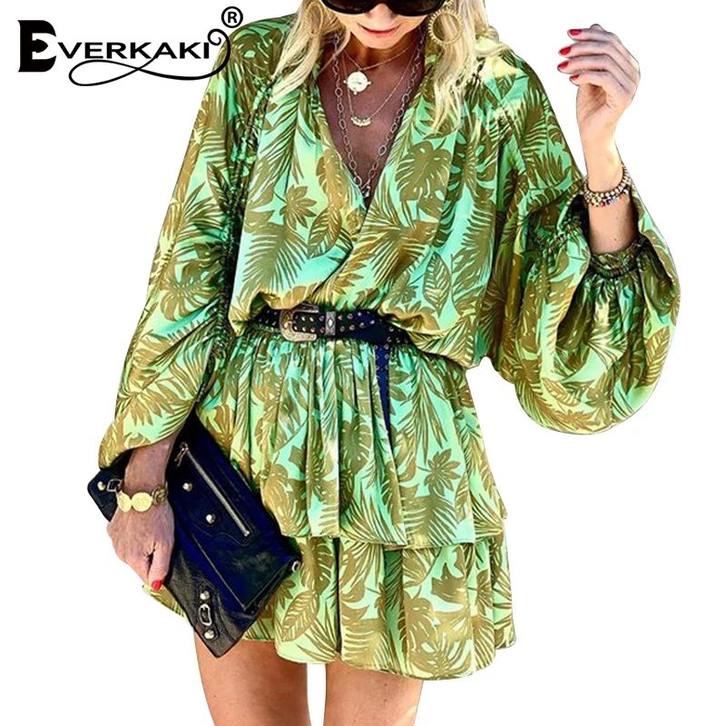 Женское мини-платье с принтом листьев Everkaki летнее пляжное короткое платье