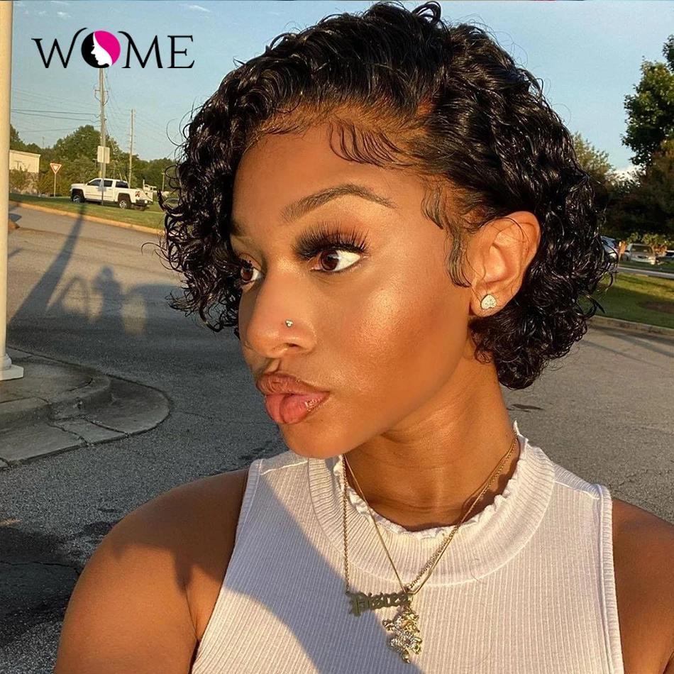 WOME Indian Curly Pixie cut wig Bob Wig 13x1 Lace Wig Human Hair Wigs For Black Women Pre Plucked Hairline 150% Remy Short wig