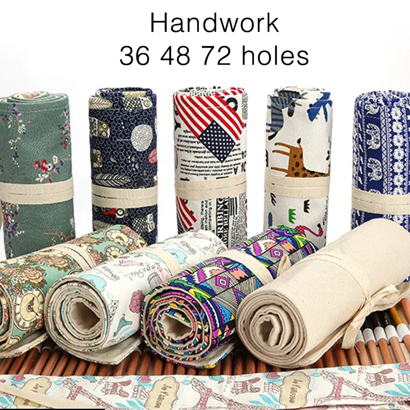 

Рулонный цветной чехол-карандаш с 36/48/72 отверстиями, Холщовый мешочек для макияжа, большой пенал для хранения, школьные товары для рукоделия...