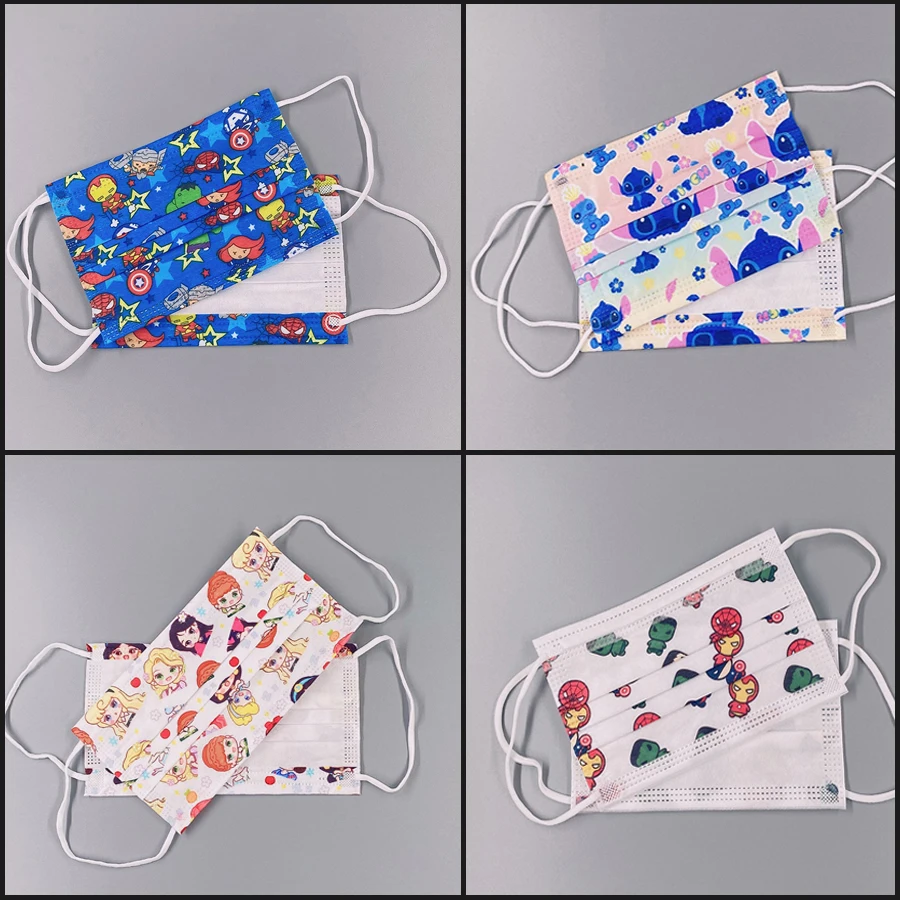 

New Disney Avengers Printing Kids Mouth Masks Anime Cartoon Pattern Comfortable Face Shield Masks 3 Layers Filters Fabric Masque