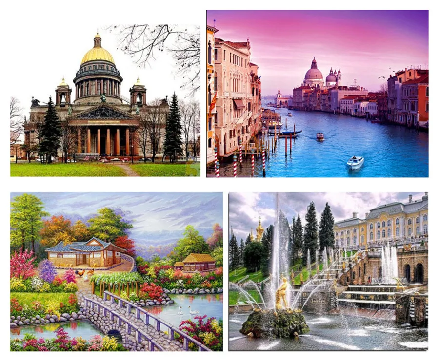 Алмазная живопись замок ворс фонтан снежный домик маленький мост утка река 5D