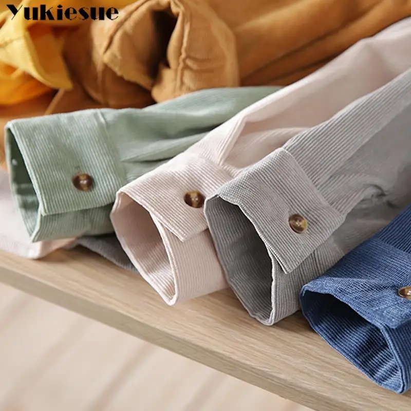 Corduroy Women Blouses Shirts Tunic Womens Tops And 2021 Womenswear Long Sleeve Clothing Button Up Down Loose White New | Женская одежда