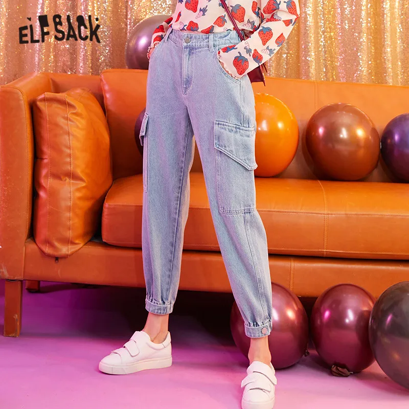 ELFSACK синие одноцветные вымытые прямые повседневные шаровары женские 2019 Осенние