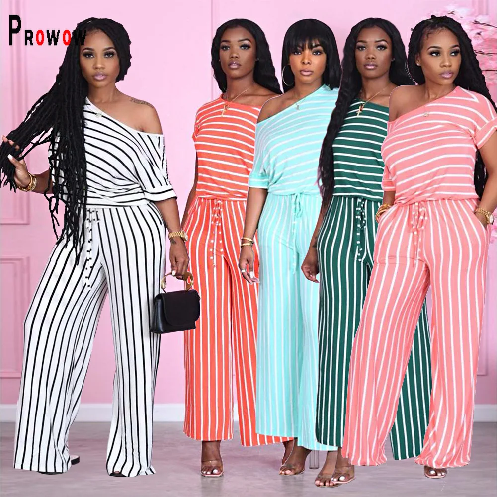 

Prowow Striped Women Jumpsuits Summer Casual Loose Wide Leg Romper for Lady 2021 New Short-Sleeved Female Clothing Streetwear