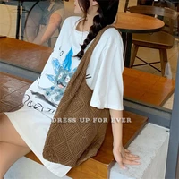 wool knitting hollow out handmade top handle tote korean vintage casual style chiccrochet handbag autumn winter beach bag travel