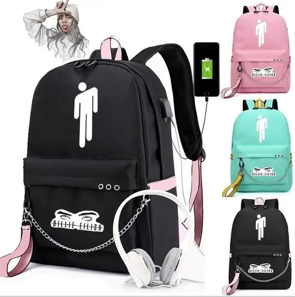 Новинка, рюкзаки для девочек с зарядкой через Usb, Billie Eilish, школьные сумки для подростков, дорожный рюкзак для ноутбука, женский рюкзак, сумка
