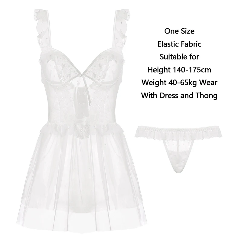 

White Lace Sleepwear Erotic Costumes Women Sexy Lingerie Set With Transparent Dress Thong