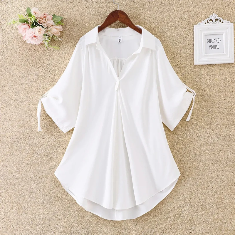 

Fashion mid-length V-neck chiffon shirt women's plus size summer new loose solid color three-quarter sleeve pullover top