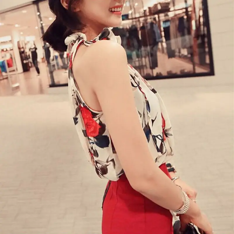 Корейская женская шифоновая блуза на бретелях 2019 Сексуальная рубашка с