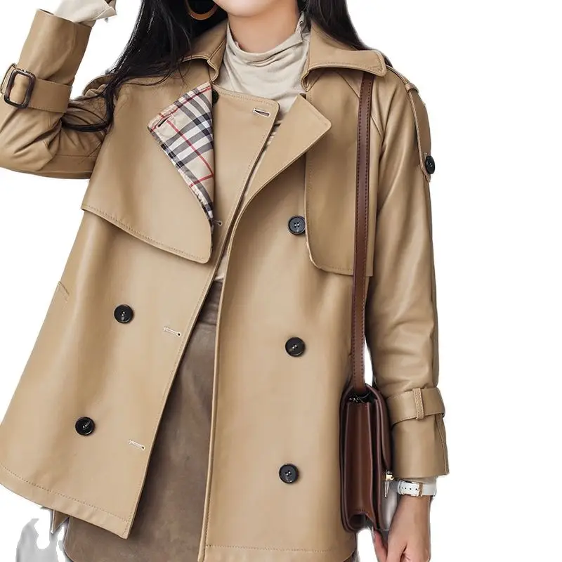 Chaqueta cortavientos de piel de oveja auténtica para mujer, chaqueta de traje de cuero genuino marrón, abrigos de piel para mujer de talla grande