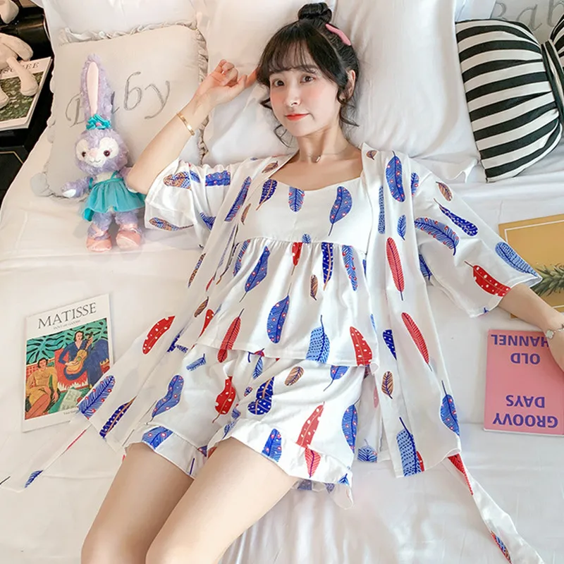 

Летняя пижама с принтом, Женский комплект, новые шорты на бретелях, костюм-тройка, хлопковый кардиган, Милая Сексуальная нагрудная подкладка, Женская домашняя одежда