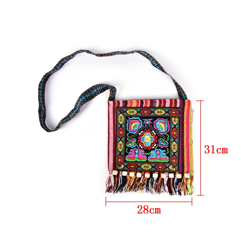 

1PCS Women Hmong Thai Embroidered Handbag Boho Hippie Handbag 4Colors Zipper Messenger Tassels Bag