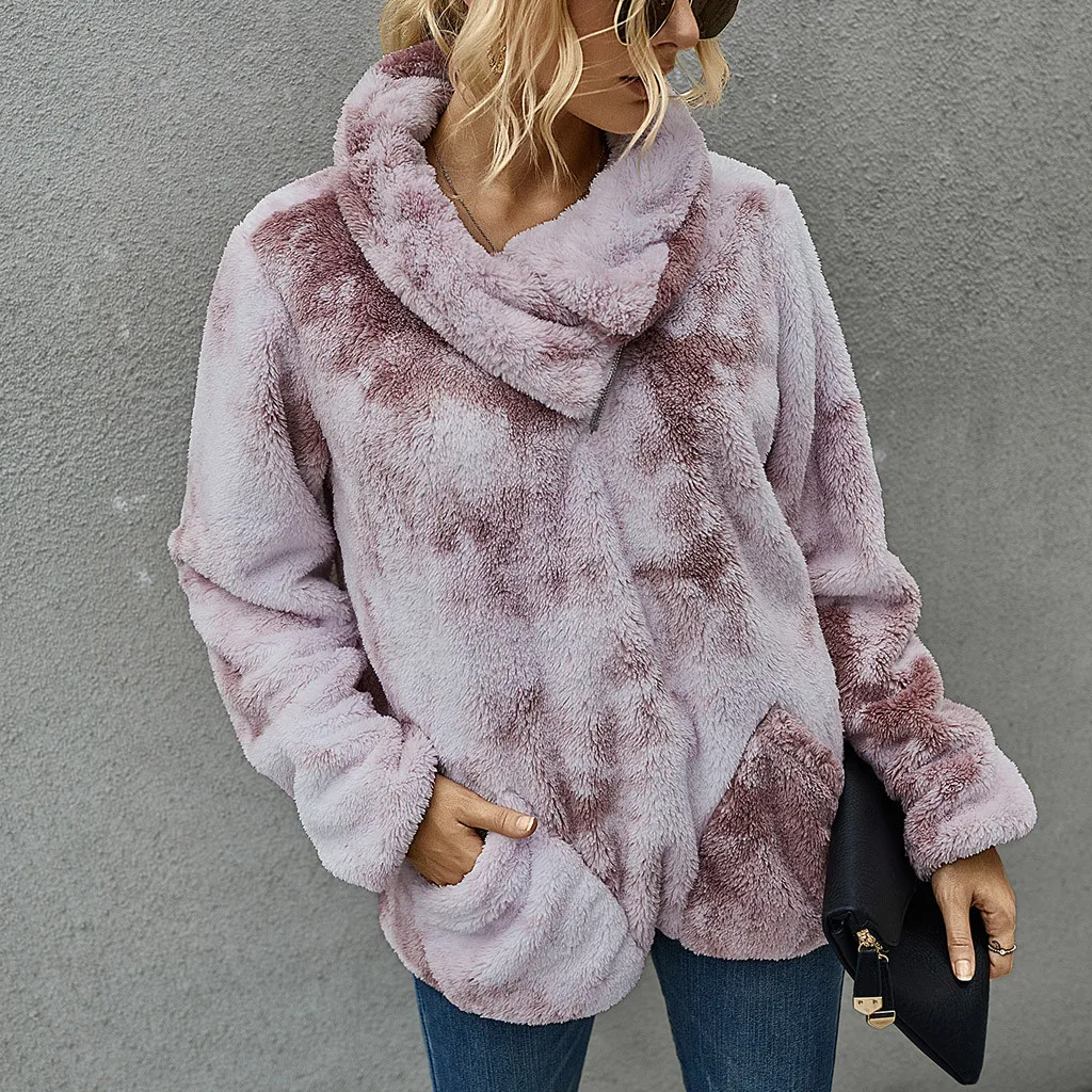 

Women's New Autumn And Winter Warm Fluffy Tie-dye Printed Gradient Long Sleeve Shawl Collar Loose Plush Sweater Pull Femme#g3