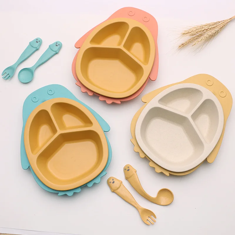

4pcs Wheat Straw Penguin Baby Feeding Food Tableware Children Eating Dinnerware Set Baby bowl+spoon+fork Anti-hot Training Bowl