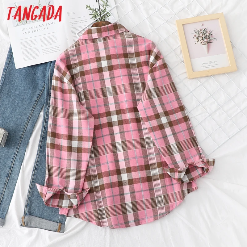 

Tangada Women Oversized Plaid Print Boyfriend Style Shirt Long Sleeve Chic Female Casual Loose Shirt BAO4