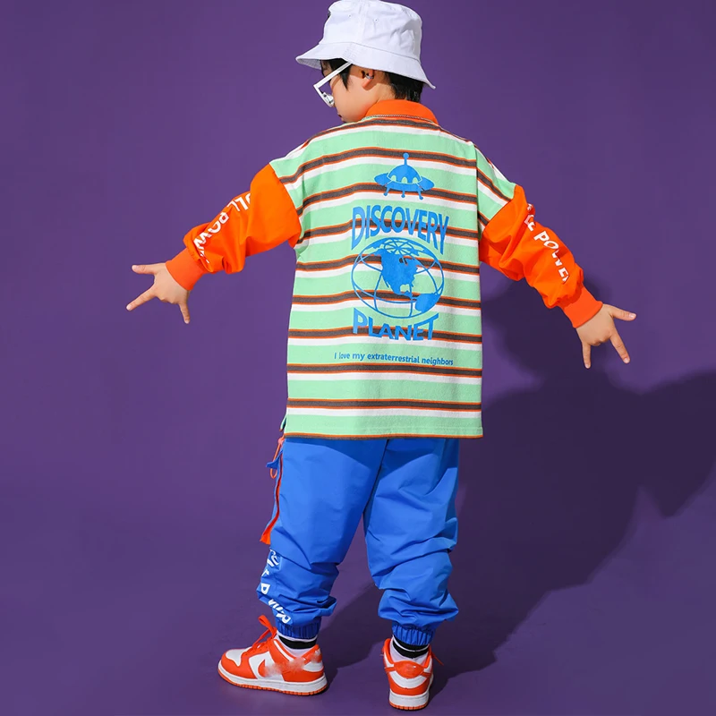 

Hip Hop Dance Costumes For Kids Long Sleeve Stripe Shirts Blue Hiphop Pants Jazz Modern Dance Costumes Street Dance Wear DN7391