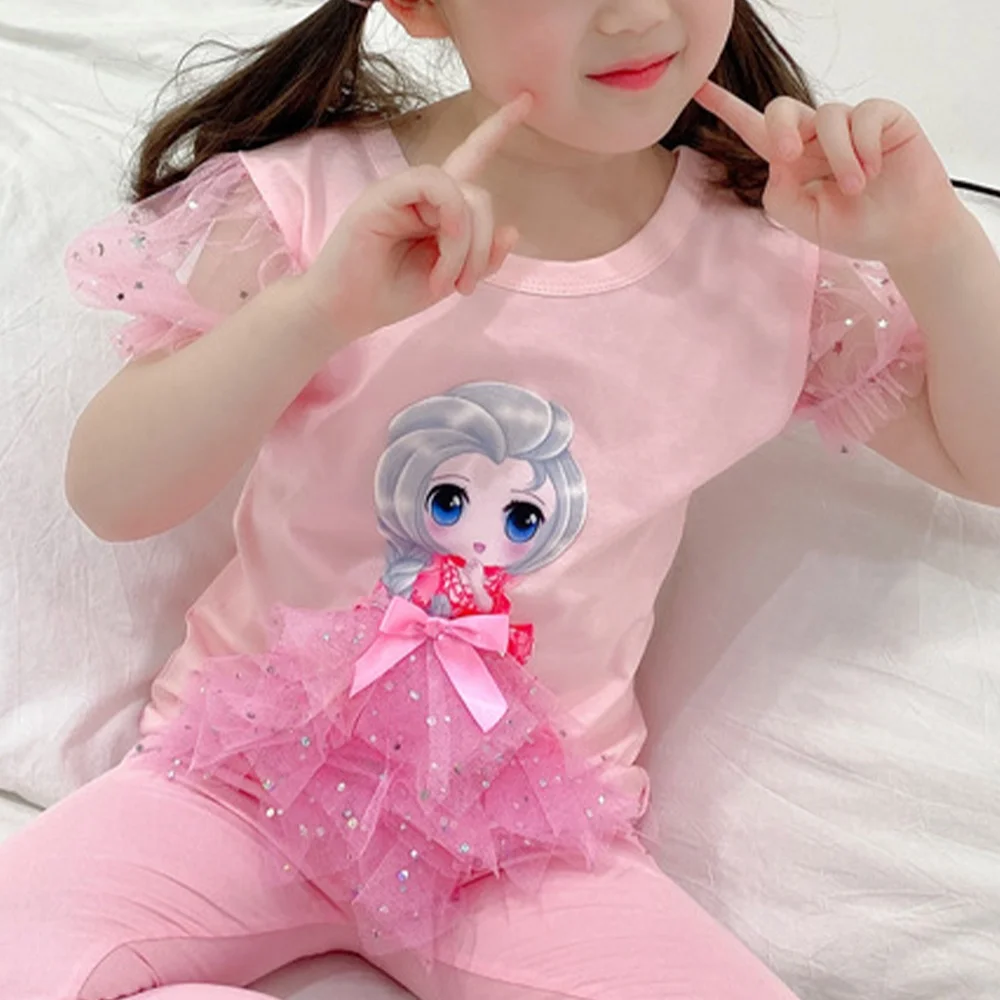 

Children Fashion Cartoon Girls T-shirt Round Neck Net Yarn Plicated Sheer Bubble Short Sleeve