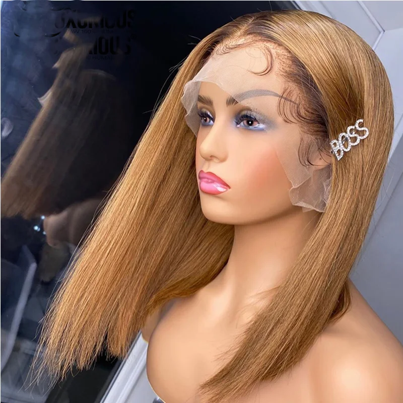 

Pre Plucked Short Bob Straight 1B27 Ombre Brown Colored Soft Lace Front Wigs For Women With Natural Hairline With Baby Hair