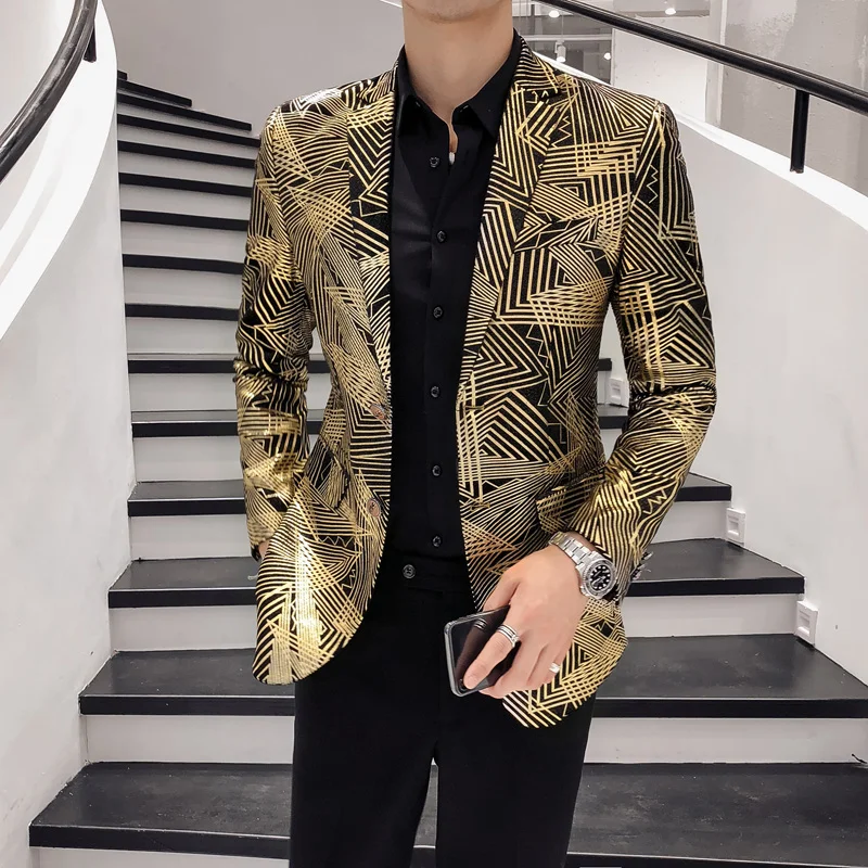 

Luxury Gold Striped Print Blazer Men Club Prom Costume Groom Slim Tuxedo Blazer Used For Masculino Night Club DJ Singer Perform