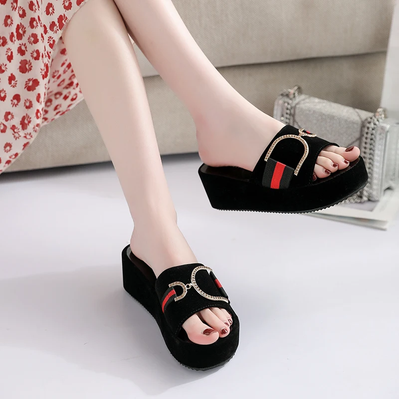

2020 Summer Shoes Women Platform Wedge Slippers Slides Black White Open Toe Leather High Heel Women Sandals