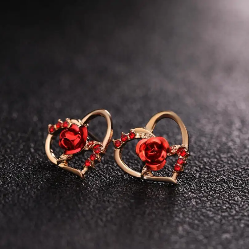 

New Fashion Luxury Love Rose Red Zircon Women's Earrings Romantic Banquet Valentine's Day Charm Jewelry Gift Wholesale