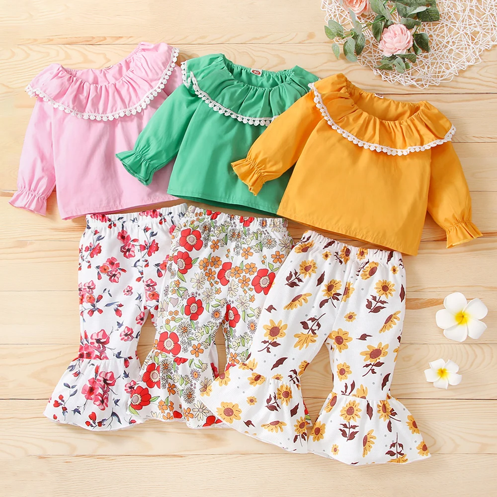 

Four Seasons Baby Suit Lapel Flared Sleeve Flared Pants Flower Pants Are Suitable For Female Infants Aged 3-24 Months